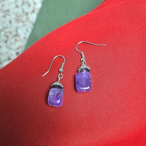 Vintange Handmade Silver Tone Purple Amethyst Dangle Earrings - Picture 11 of 16